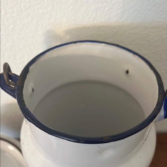 Vintage White Enamel Milk Can with Blue Accents - Picture 6 of 7